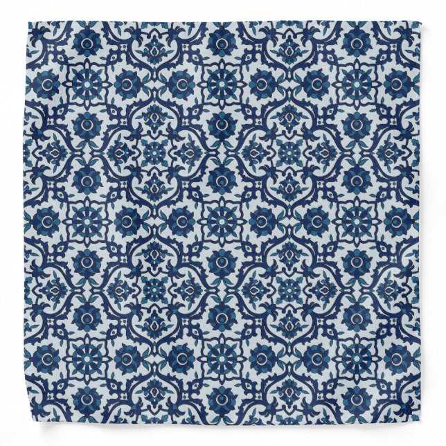 Blue Portuguese Azulejos Floral Tile Pattern Bandana (Front)