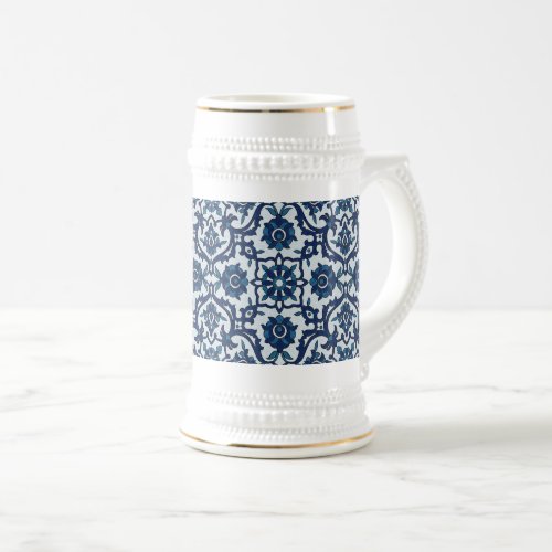 Blue Portuguese Azulejos Floral Tile Pattern Beer Stein