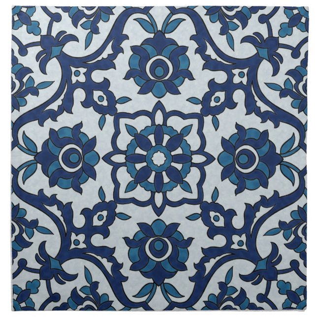 Blue Portuguese Azulejos Floral Tile Pattern Cloth Napkin (Front)
