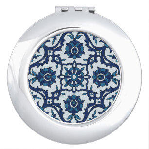 Blue Portuguese Azulejos Floral Tile Pattern Compact Mirror