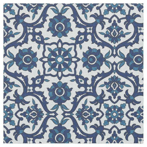 Blue Portuguese Azulejos Floral Tile Pattern Fabric