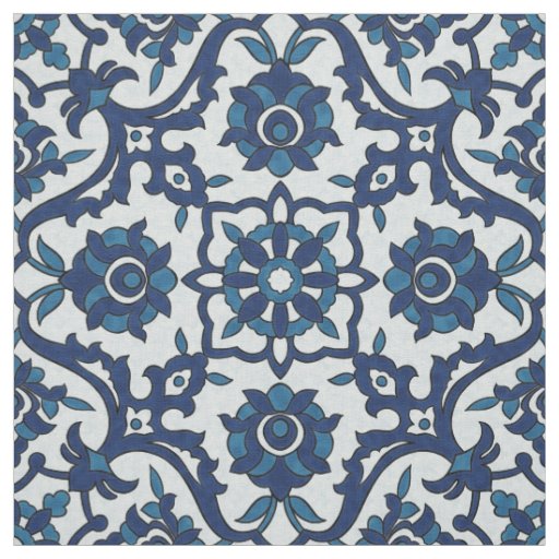 Blue Portuguese Azulejos Floral Tile Pattern Fabric