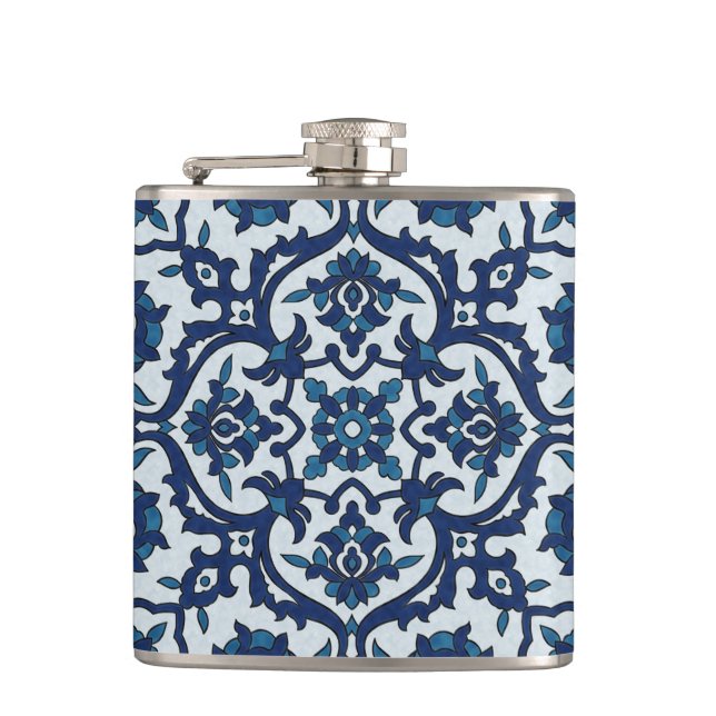 Blue Portuguese Azulejos Floral Tile Pattern Flask (Front)