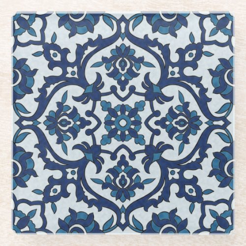 Blue Portuguese Azulejos Floral Tile Pattern Glass Coaster