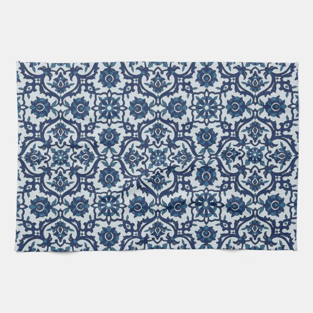 Blue Portuguese Azulejos Floral Tile Pattern Kitchen Towel (Horizontal)