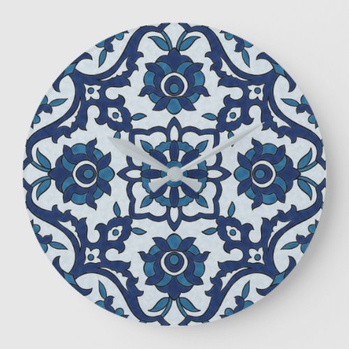 Blue Portuguese Azulejos Floral Tile Pattern Large Clock