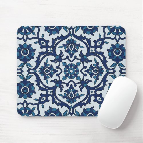 Blue Portuguese Azulejos Floral Tile Pattern Mouse Pad