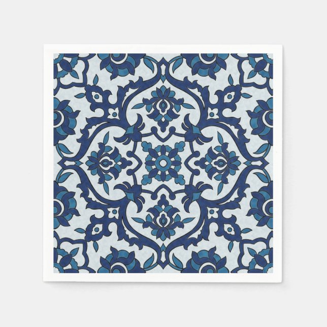 Blue Portuguese Azulejos Floral Tile Pattern Napkins (Front)