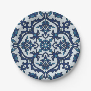 Blue Portuguese Azulejos Floral Tile Pattern Paper Plates