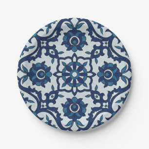 Blue Portuguese Azulejos Floral Tile Pattern Paper Plates