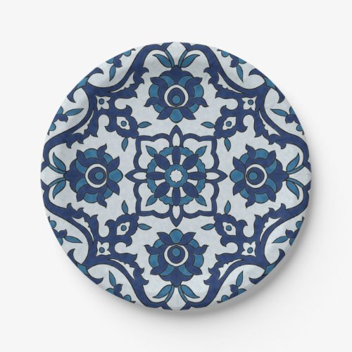 Blue Portuguese Azulejos Floral Tile Pattern Paper Plates