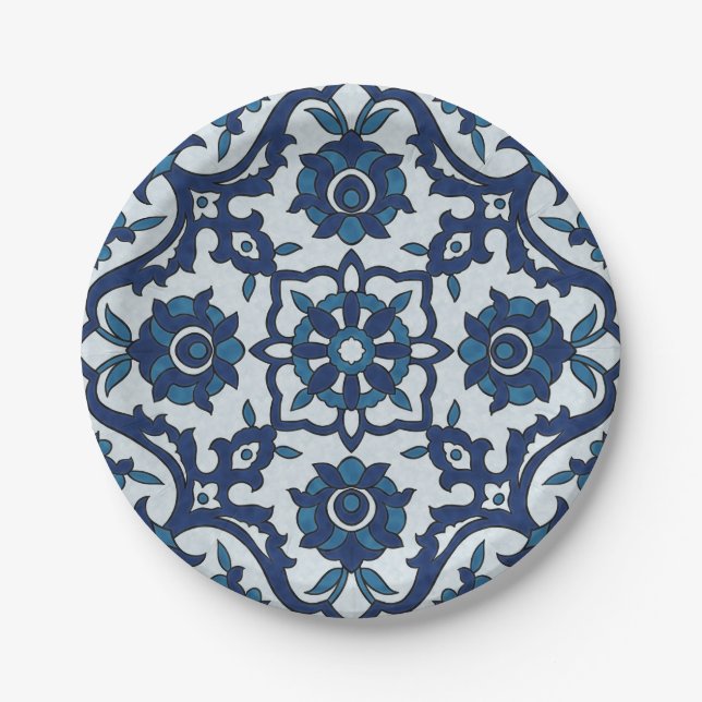 Blue Portuguese Azulejos Floral Tile Pattern Paper Plates (Front)