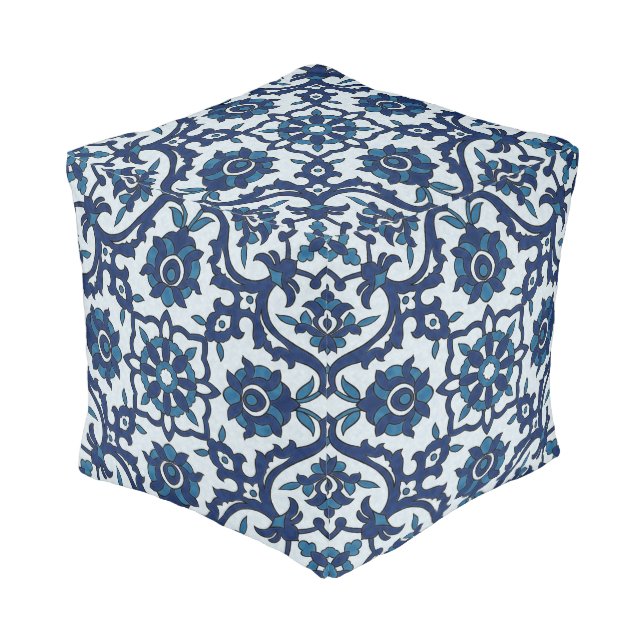 Blue Portuguese Azulejos Floral Tile Pattern Pouf (Angled Front)