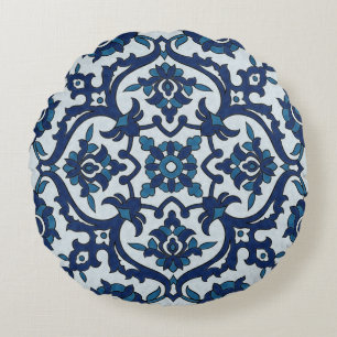 Blue Portuguese Azulejos Floral Tile Pattern Round Pillow