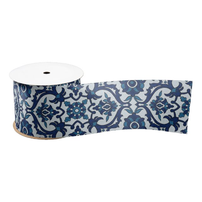 Blue Portuguese Azulejos Floral Tile Pattern Satin Ribbon (Spool)