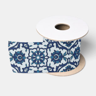 Blue Portuguese Azulejos Floral Tile Pattern Satin Ribbon