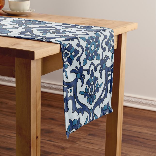 Blue Portuguese Azulejos Floral Tile Pattern Short Table Runner (In Situ)