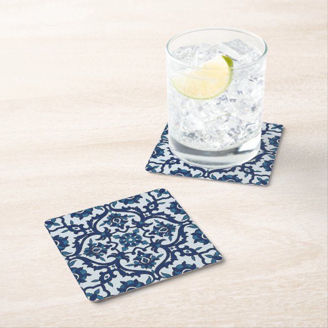 Blue Portuguese Azulejos Floral Tile Pattern Square Paper Coaster (Insitu)