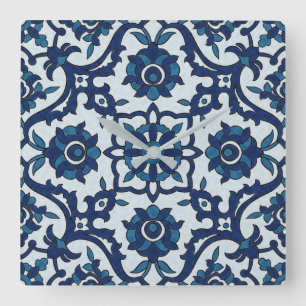 Blue Portuguese Azulejos Floral Tile Pattern Square Wall Clock