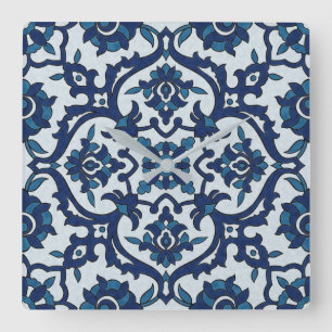 Blue Portuguese Azulejos Floral Tile Pattern Square Wall Clock