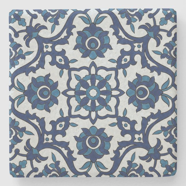 Blue Portuguese Azulejos Floral Tile Pattern Stone Coaster (Front)