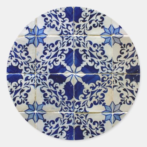 Blue Portuguese Tiles Classic Round Sticker