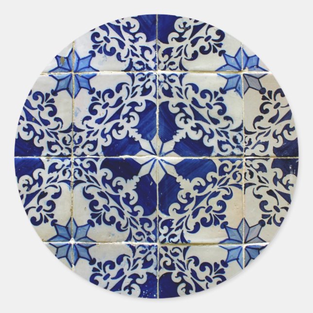 Blue, Portuguese Tiles Classic Round Sticker (Front)