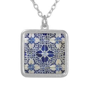 Blue, Portuguese Tiles Silver Plated Necklace