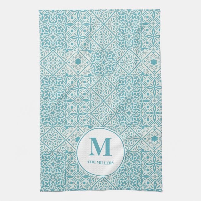 Blue Portuguese Tiles Turquoise Monogrammed Kitchen Towel (Vertical)