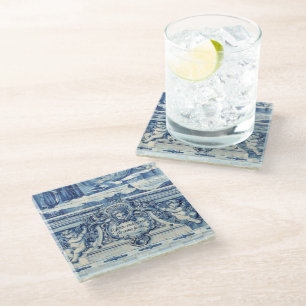 Blue Portuguese Tiles with two angels Glass Coaster