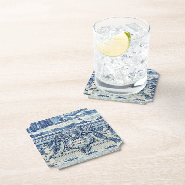 Blue Portuguese Tiles with two angels Paper Coaster (Insitu)