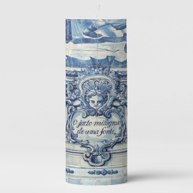 Blue Portuguese Tiles with two angels Pillar Candle (Front)