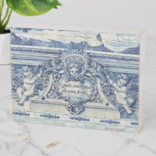 Blue Portuguese Tiles with two angels Wooden Box Sign