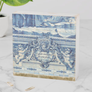 Blue Portuguese Tiles with two angels Wooden Box Sign