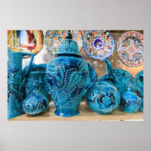 Blue Pottery At Market Poster
