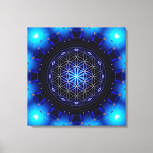 blue power mandala with flower of life canvas print