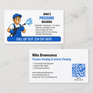 Blue Power Washer Man QR Pressure Washing Business Card