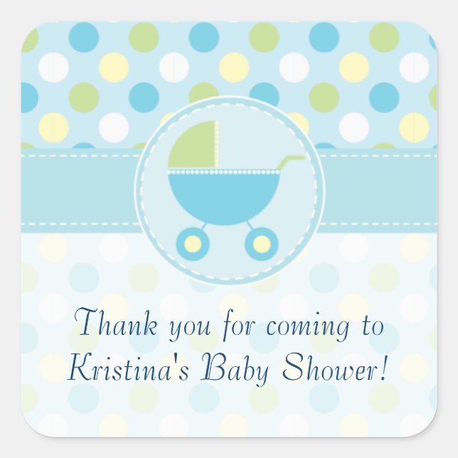 Blue Pram and Polka Dots Baby Shower Sticker (Front)