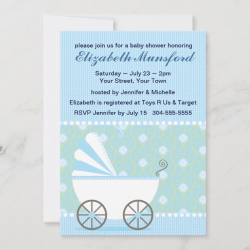 Blue Pram Baby Shower Custom Invite