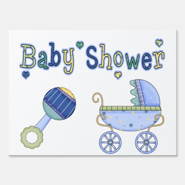 Blue Pram & Rattle Baby Shower Yard Sign (Front)
