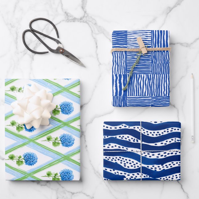 Blue Preppy Chic Bundle Ditsy  Wrapping Paper Sheets (Front)