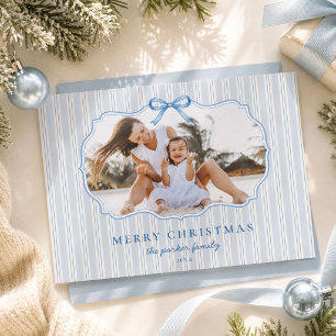 Blue Preppy Christmas Ticking Stripe Family Photo Holiday Card