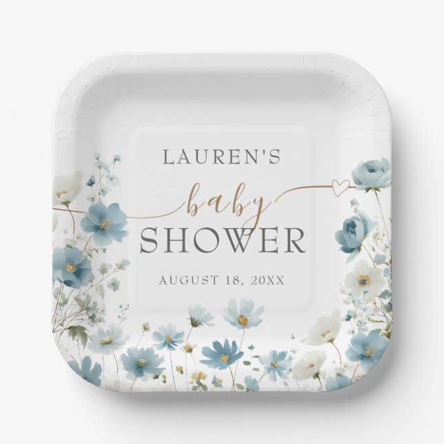 Blue Preppy Flowers Watercolor Baby Shower Paper Plates (Front)