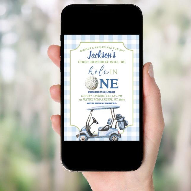 Blue Preppy Hole In One Boy First Golf Birthday Invitation (Front Digital)