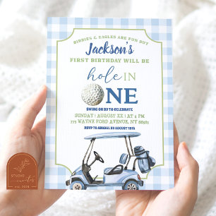 Blue Preppy Hole In One Boy First Golf Birthday Invitation