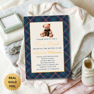 Blue Preppy Plaid Vintage Teddy Bear Baby Shower Foil Invitation