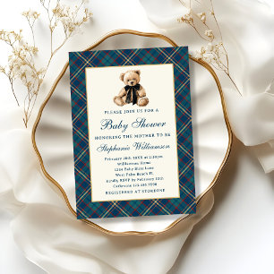 Blue Preppy Plaid Vintage Teddy Bear Baby Shower Invitation