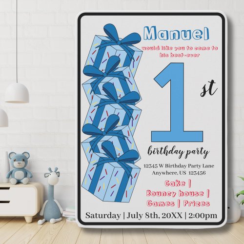 Blue Present 1st Birthday Party Kids Invitation