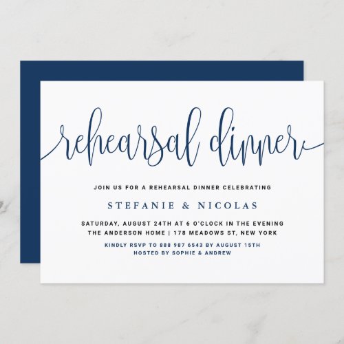 Blue Pretty Calligraphy Rehearsal Dinner Invitation