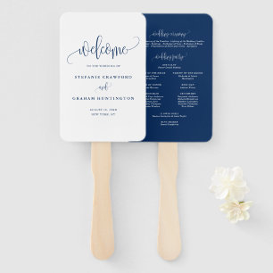 Blue Pretty Calligraphy Script Wedding Program Hand Fan